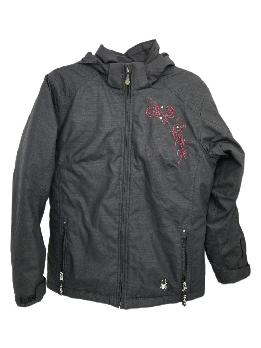 Spyder Black Hooded Kids' Winter Jacket with Pink Embroidered Detail (18)